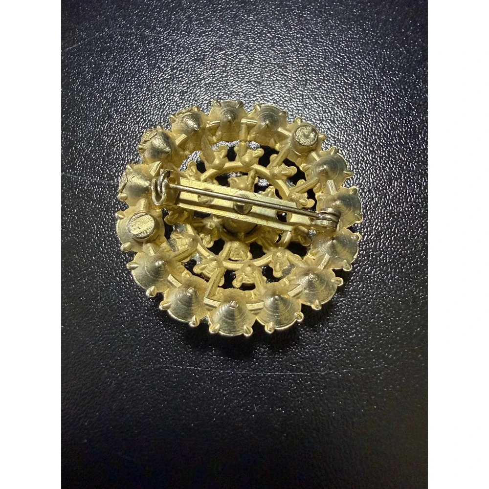 Vintage Gold Tone Clear Rhinestone Round Sunburst Tiered Brooch Pin 1.5 Inch